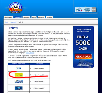 incassare le vincite sulla postepay al casinò All Slots